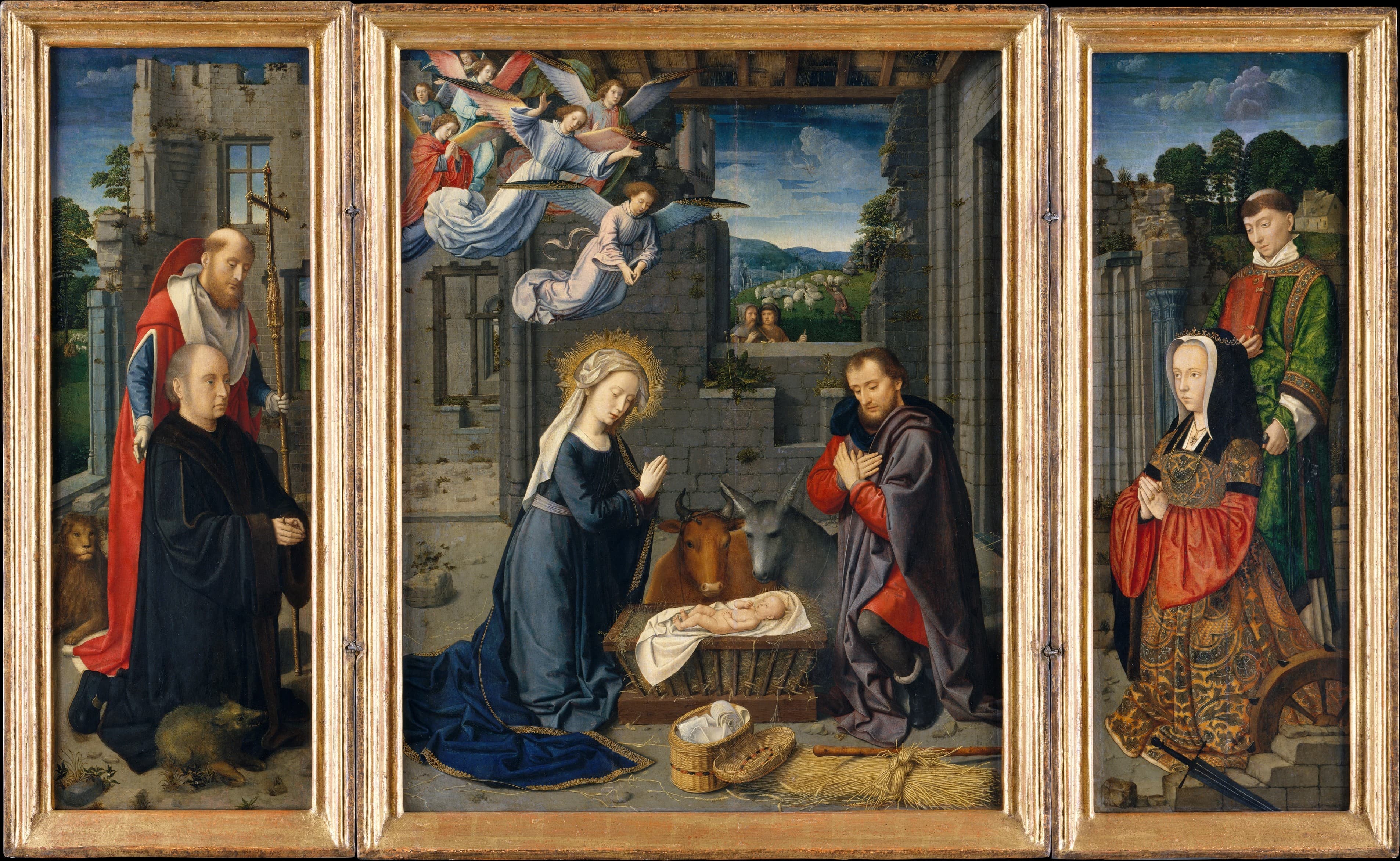 Gerard David — The Nativity with Donors and Saints Jerome and Leonard